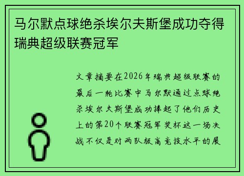 马尔默点球绝杀埃尔夫斯堡成功夺得瑞典超级联赛冠军