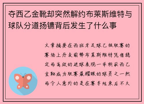 夺西乙金靴却突然解约布莱斯维特与球队分道扬镳背后发生了什么事